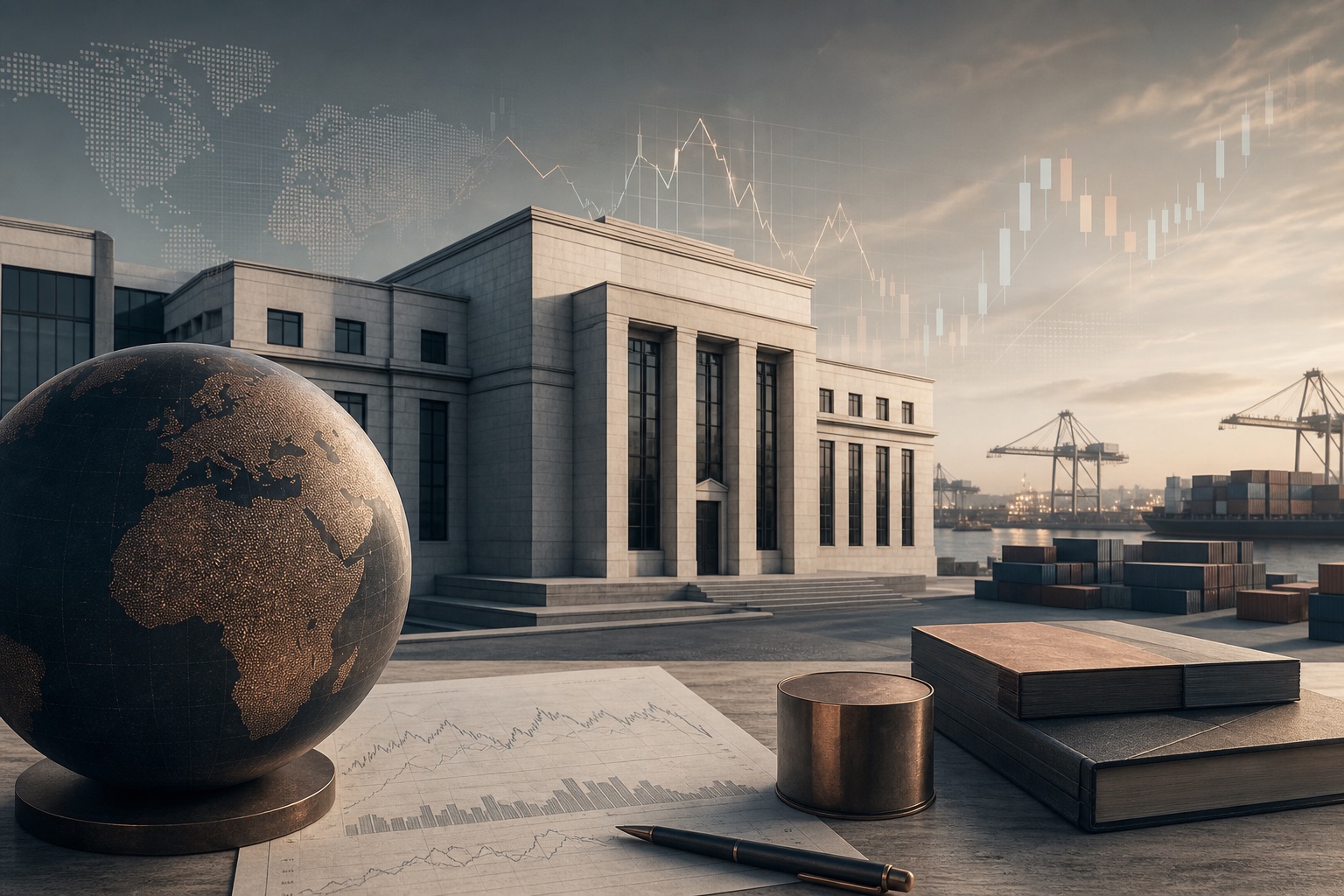 Editorial illustration of a central bank, a port and global market data