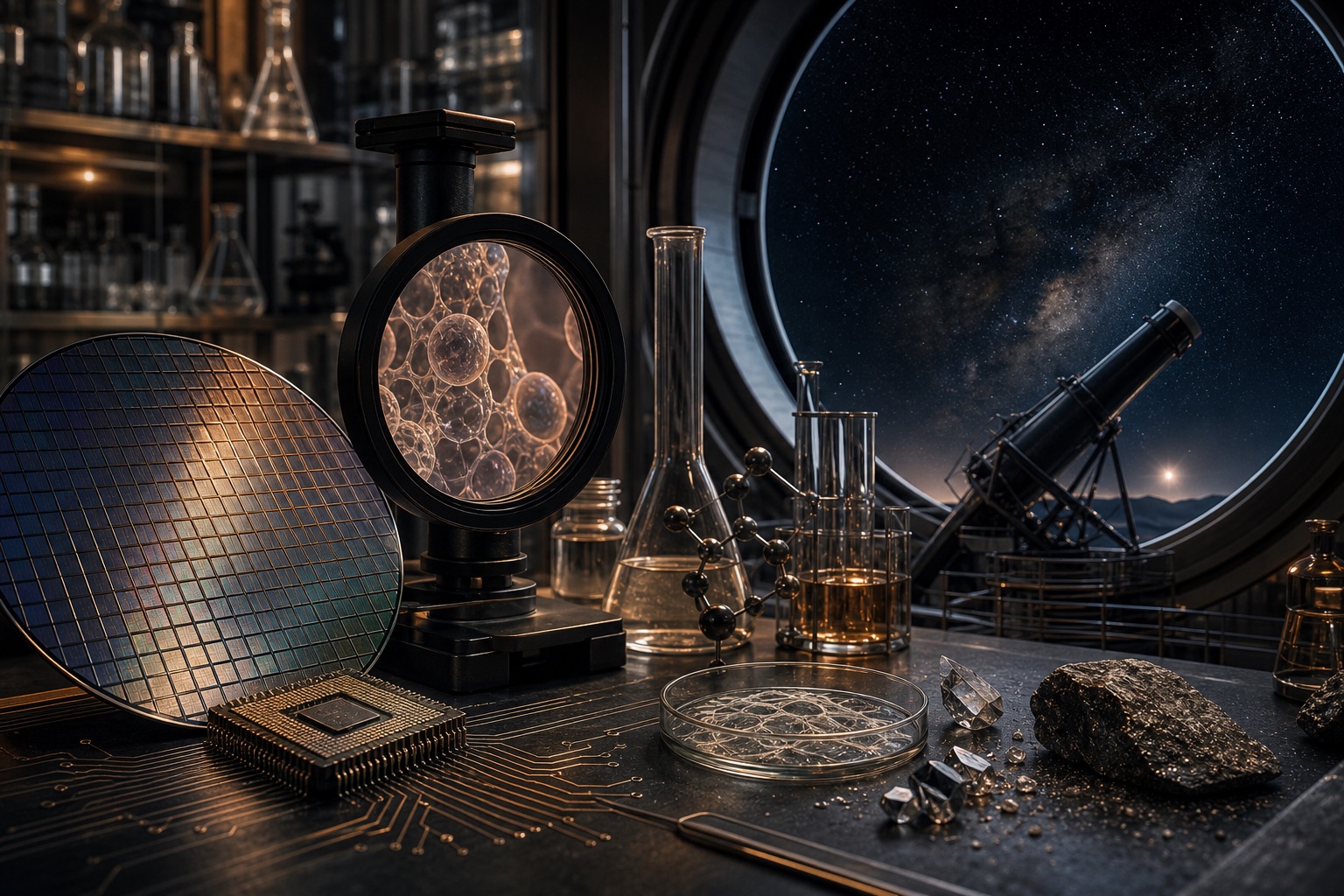 Editorial illustration of a semiconductor, a laboratory and an observatory