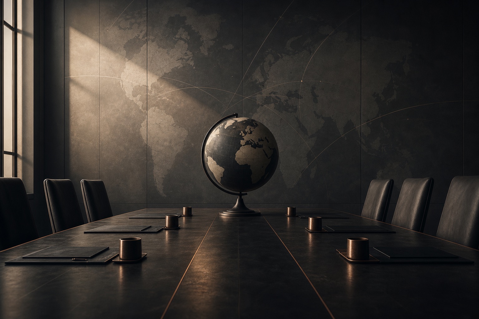 Editorial illustration of a diplomatic table, a globe and a world map